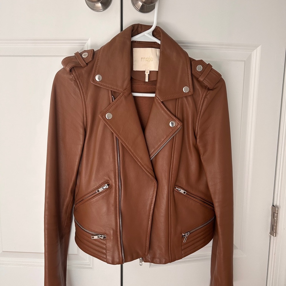 Maje Tan Leather Moto Jacket